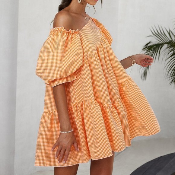 Multicolor Boho Womens Gingham Puff Sleeve Smock Dress - Picture 4 of 7